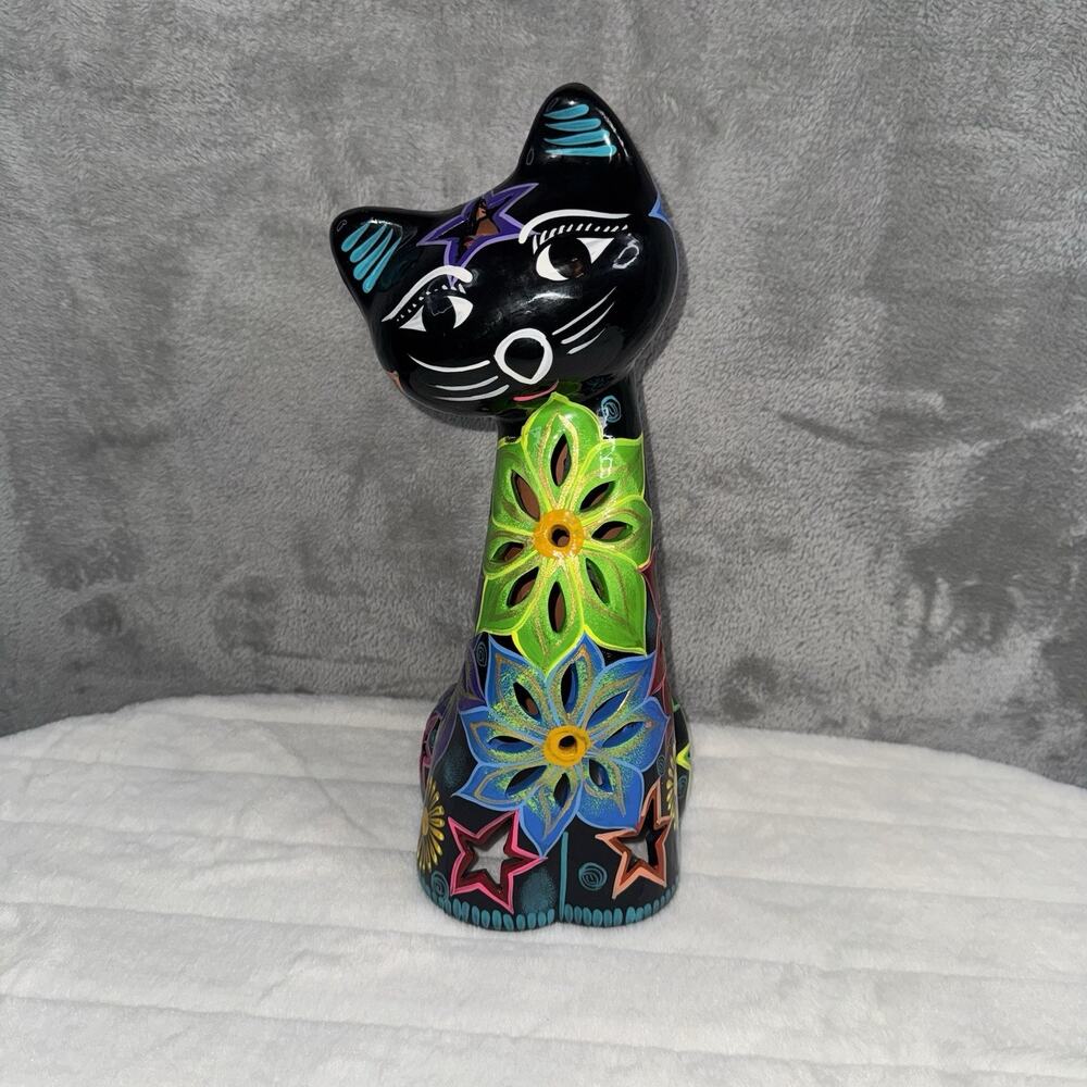 Hand Painted Mexican Clay Cat Figurine 13” Tall – Hecho en Mexico Folk Art